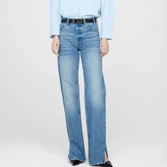 Women's Nordic Blue Straight Leg Jeans with Mid-Rise Button Fly