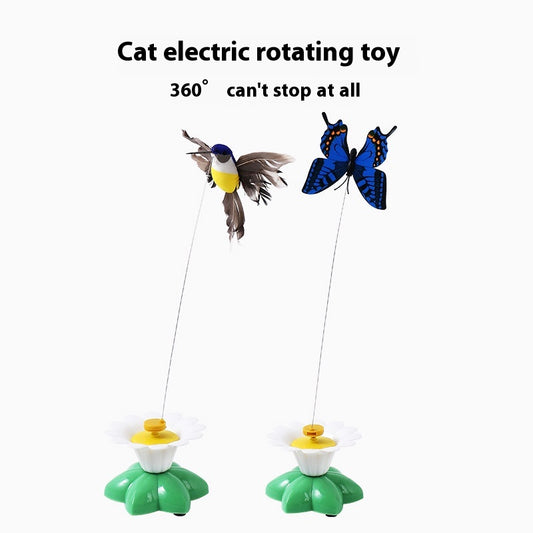 Automatic cat teaser toy with an electric rotating bird on a steel wire, attached to a green and white flower base. - Image 2