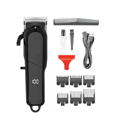 Black electric hair clipper with LCD display showing '100', multiple guide combs, cleaning brush, oil, comb, and USB cable. - Image 3