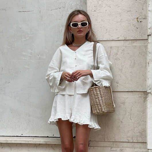 Conjunto de Dos Piezas: Camisa Suelta de Manga Larga y Shorts Casual