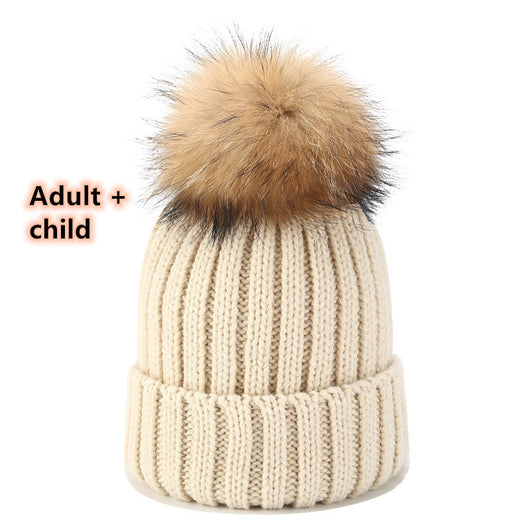 Gorro Tejido de Pelota de Pelo Real con Mapache - Juego para Padres e Hijos - Image 9