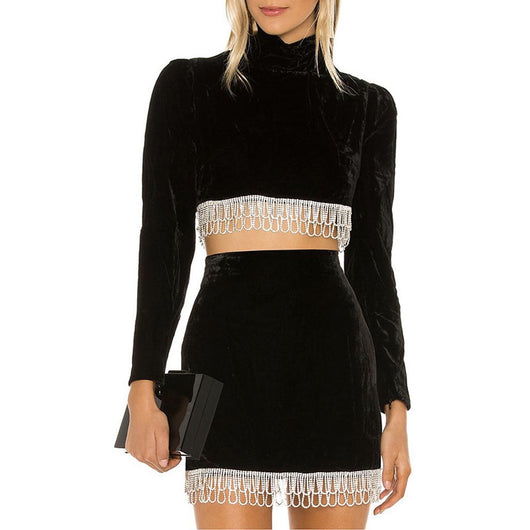 Blusa Ante Cuello Alto con Flecos y Falda Cadera