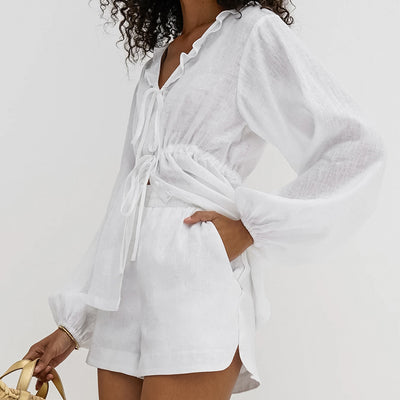 Blusa de Lino y Algodón con Mangas Farol - Estilo Europeo Moderno - Image 4