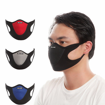 SULAITE face masks in black, red, grey, and blue, featuring a breathable mesh panel and ear loops.