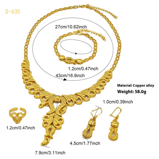 Ornate gold-colored bridal jewelry set with filigree design, including a necklace, drop earrings, bracelet, and ring. - Image 2