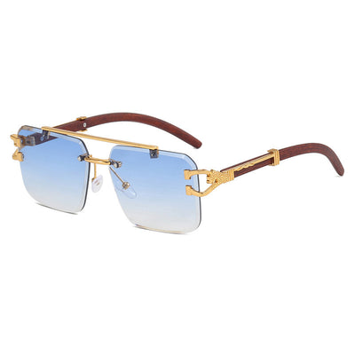 Pink gradient frameless square sunglasses with a double beam, gold-tone hardware, and dark wood-look temples. - Image 17