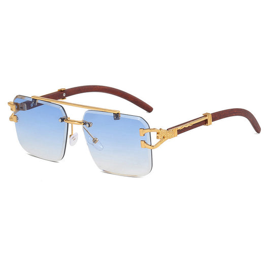 Pink gradient frameless square sunglasses with a double beam, gold-tone hardware, and dark wood-look temples. - Image 17
