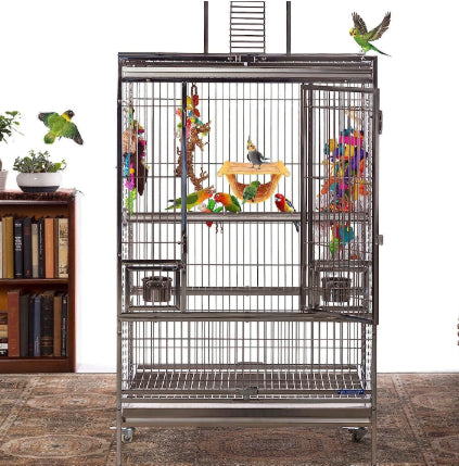 Gray and cream two-tier pet hammock with plush interior, hanging in a wire cage with three small birds. - Image 5