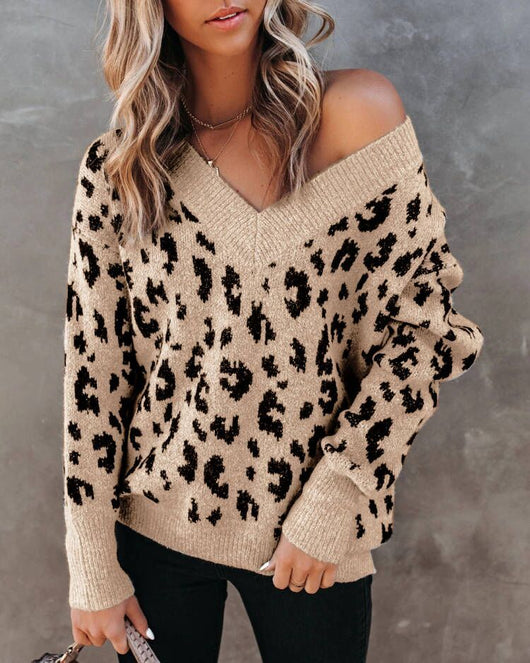 Suéter Suelto con Escote V y Estampado de Leopardo - Tejido Core-spun para Mujer - Image 14
