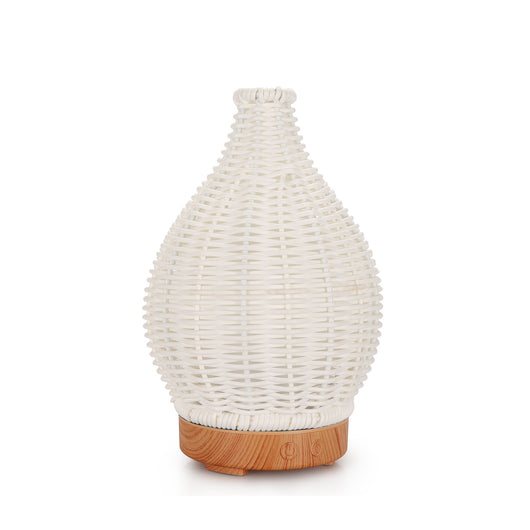 Mini ultrasonic aroma diffuser with a brown hollow rattan-style body and a white base, featuring control buttons. - Image 8