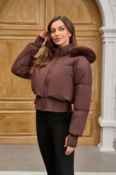 Chaqueta de Algodón Corta con Capucha y Cuello de Pelaje para Mujer - Image 23
