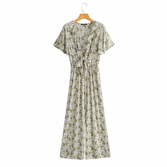 Jumpsuit Estampado con Detalle de Corbata en el Pecho