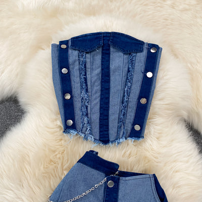 Conjunto Denim Tube Top con Falda Corta Irregular - Image 7