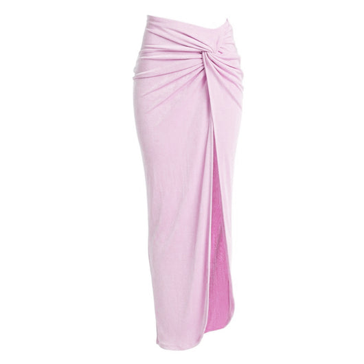 Pink, black, and dark gray color-block one-piece swimsuit with gold round buckles and a sheer black maxi skirt. - Image 12