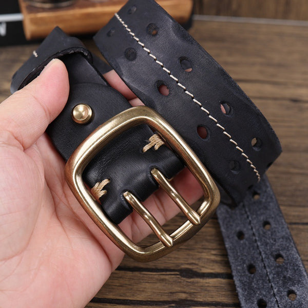 Cinturón de Cuero Premium con Hebilla Brass Retro y Costura Doble Aguja para Hombre