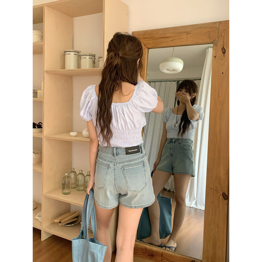Shorts Denim Cintura Alta Elástico en Cuatro Lados Tonos Claros - Image 3