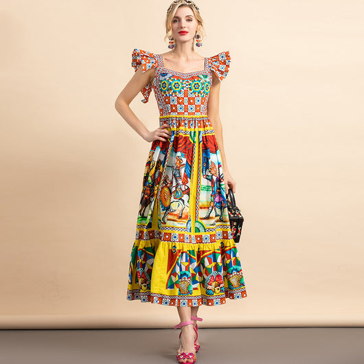 Vestido de Algodón con Estampado Guerrero de Mangas Volantes - Image 11