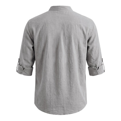 Camisa de Lino Estilo Americano con Cuello Mao y Mangas Medianas para Hombre - Image 20