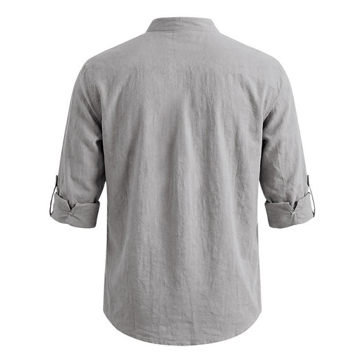 Camisa de Lino Estilo Americano con Cuello Mao y Mangas Medianas para Hombre - Image 20