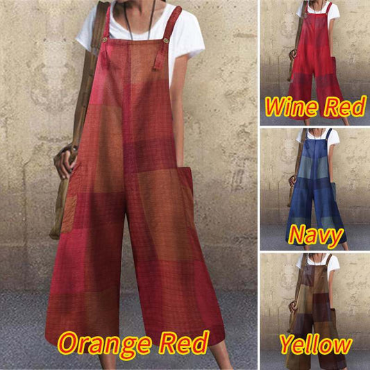 Jumpsuit Largo de Algodón y Lino a Cuadros con Tirantes Sueltos