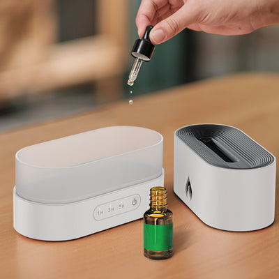 Black flame aromatherapy machine with a rose gold flame icon and timer settings for 1, 3, and 5 hours. - Image 5