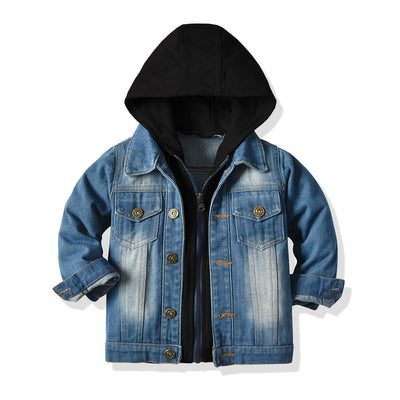 Children's blue denim jacket with a faded wash and a gray hooded insert, featuring front buttons and chest pockets.