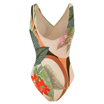 Two-piece tropical print swimsuit set with a V-neck one-piece and a matching long wrap skirt with tie waist. - Image 5