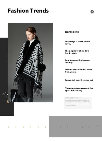 Chal Elegante con Cuello de Piel Jacquard Negro y Gris - Image 12