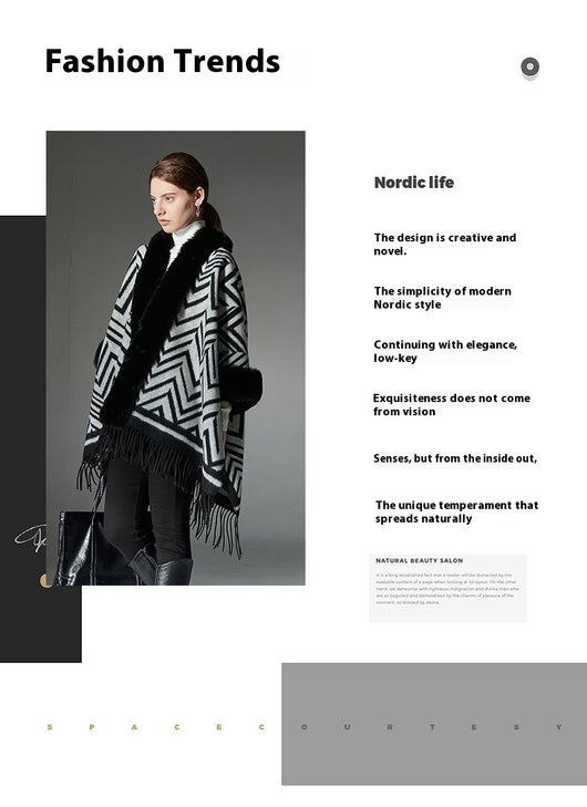 Chal Elegante con Cuello de Piel Jacquard Negro y Gris - Image 12