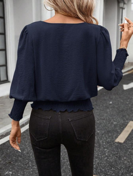 Blusa Holgada Talla Grande Cuello Redondo Color Liso con Fruncido y Manga Farol - Image 15
