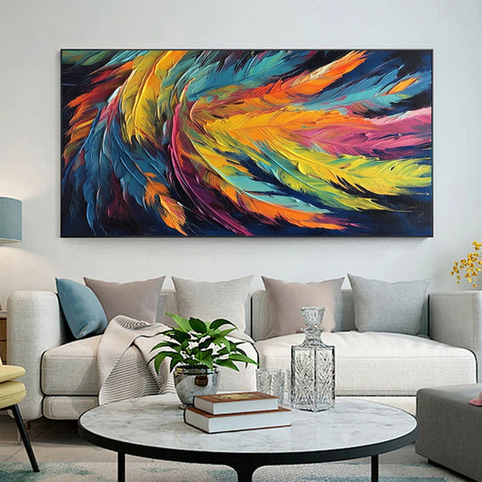 Cuadro Abstracto Hecho a Mano – Pintura al Óleo Sobre Lienzo con Diseño de Pluma Colorida - Image 4