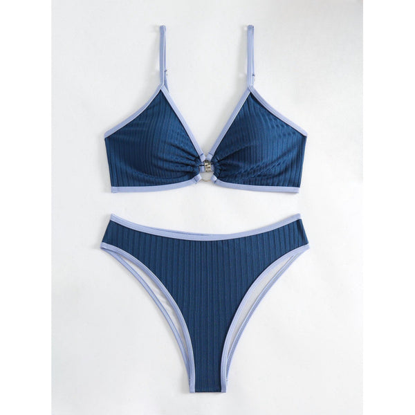 Women's dark blue ribbed two-piece swimsuit with light blue trim, triangle top, and high-cut bikini bottom. - Image 6