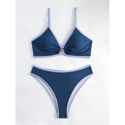 Women's dark blue ribbed two-piece swimsuit with light blue trim, triangle top, and high-cut bikini bottom. - Image 6