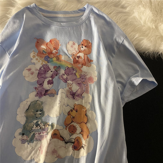 Camiseta Vintage Osito Azul Leche Estilo Harajuku - Manga Corta Suelta Retro Verano