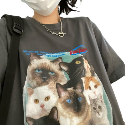 Playera Coreana de Manga Corta para Mujer con Estampado de Gato - Image 3