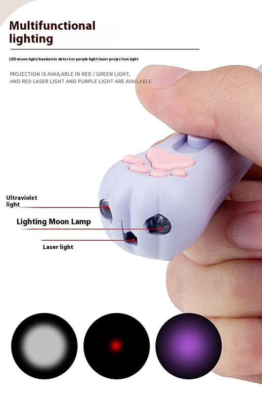 Light purple paw-shaped cat laser pointer toy with USB charging, featuring multiple red laser patterns, soft white light, and UV light. - Image 12