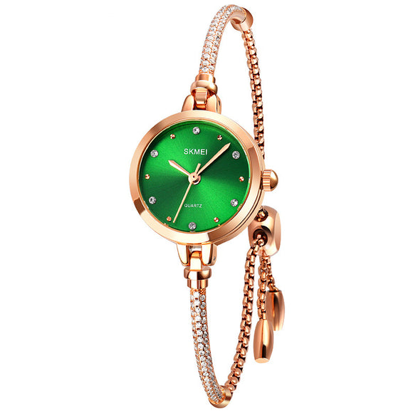 Reloj Pulsera Cuarzo para Mujer Diseño Malla Oro Rosado Verde Tendencia