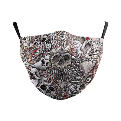 Dark green dust mask with a pattern of white skulls, blue flowers, and pink butterflies, featuring black ear loops. - Image 29