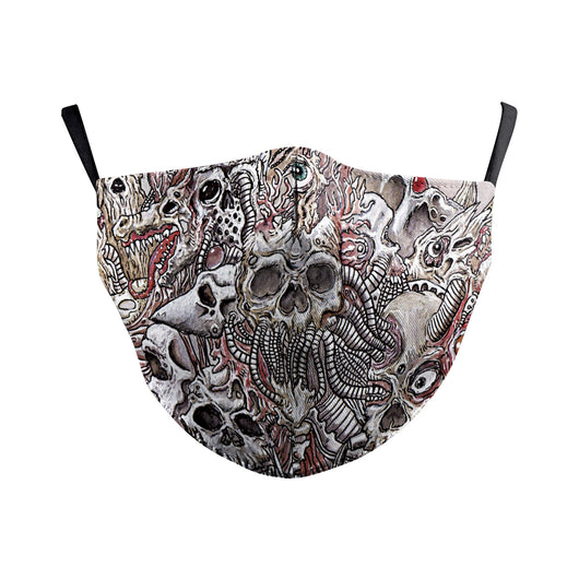 Dark green dust mask with a pattern of white skulls, blue flowers, and pink butterflies, featuring black ear loops. - Image 29
