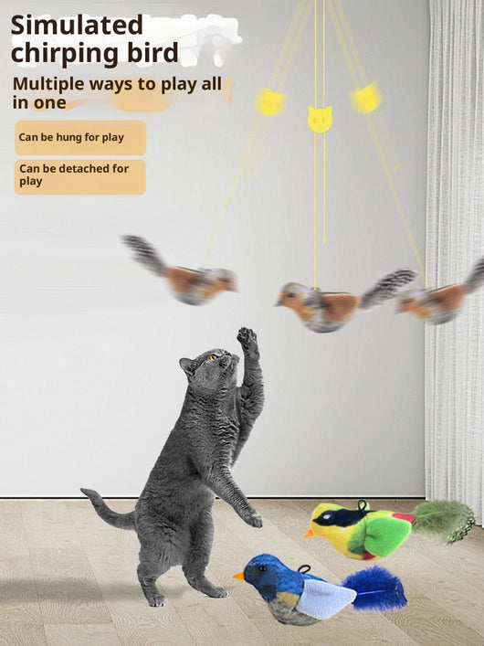 Plush bird cat toy with orange chest, brown body, and real speckled feathers, includes a yellow hanging rope. - Image 17