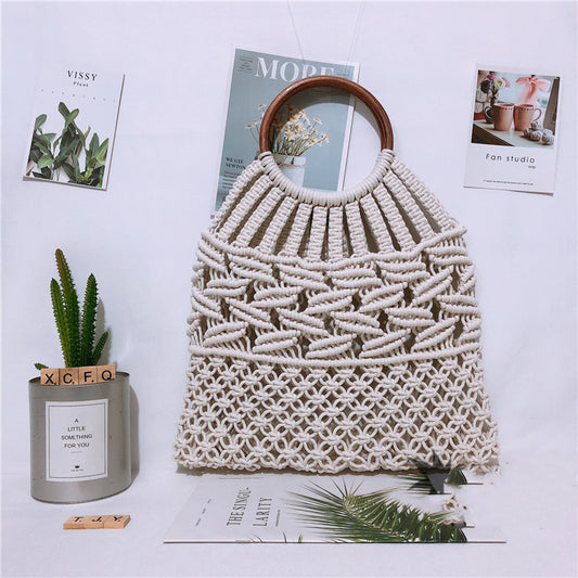 Bolsa Tejida Portátil con Asa de Madera - Bolso de Fibra Natural y Cuerda de Algodón