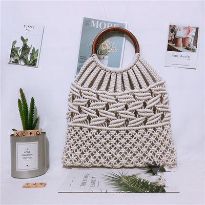 Bolsa Tejida Portátil con Asa de Madera - Bolso de Fibra Natural y Cuerda de Algodón