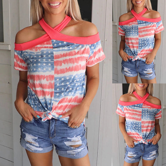 Blusa Estampada con Cuello Halter y Manga Corta