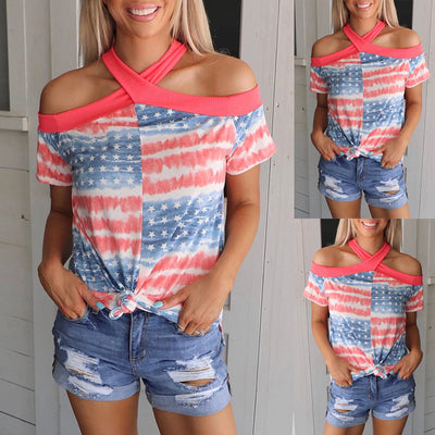 Blusa Estampada con Cuello Halter y Manga Corta