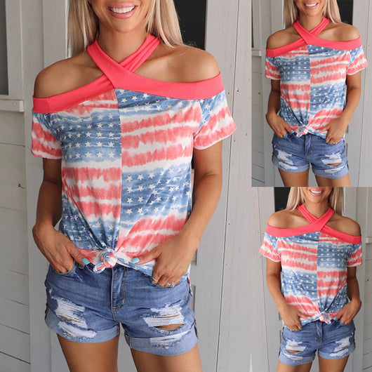 Blusa Estampada con Cuello Halter y Manga Corta