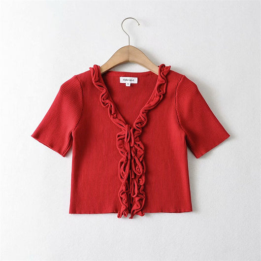 Cardigan de Encaje Talle Alto Ajustado Manga Corta para Mujer - Image 10