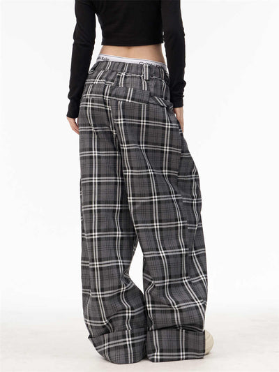 Pantalones Anchos Retro Cuadros con Cintura Elástica Estilo Americano - Image 11