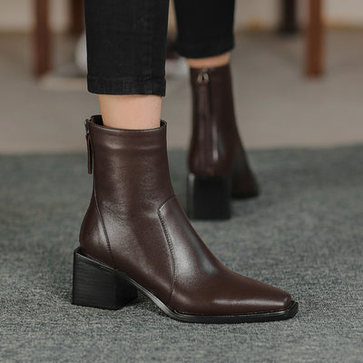 Botines de Cuero con Tacón Grueso y Punta Cuadrada para Mujer - Image 12
