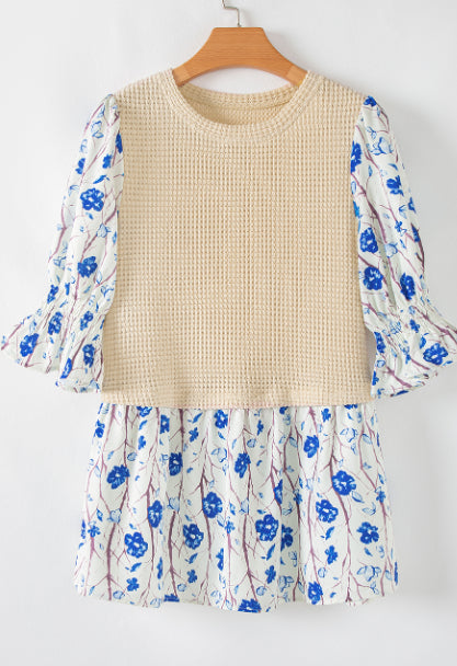 Blusa Peplum Beige con Volantes y Estampado Floral en Patchwork - Image 12