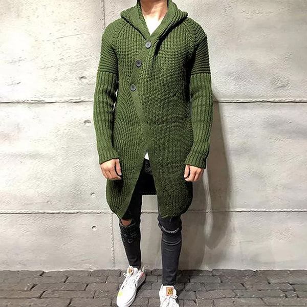 Suéter Abrigo Largo con Capucha para Hombre Botones Color Sólido